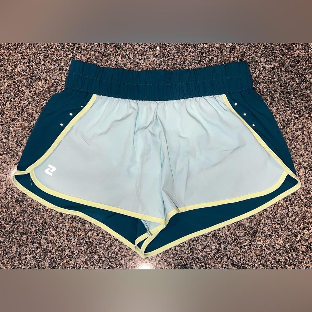 Teal (dark & light) with Yellow Piping Athletic Shorts with Curved Hems